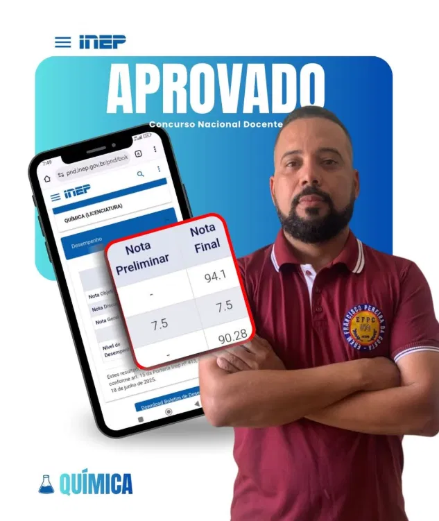 Resultado oficial do Inep: aprovado no Concurso Nacional Docente em Química, nota final 90,28